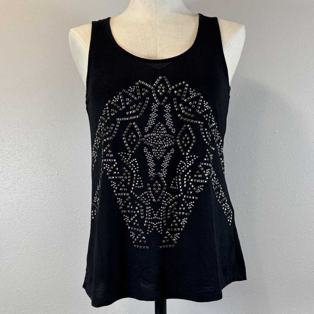 Black Vanity Sleeveless Tank Top Rhinestone Tribal Design Open Back Detail Sz S
